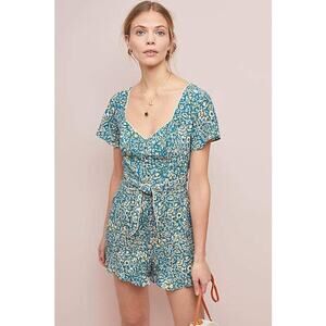 [Anthropologie] Maeve Point Breeze Blue Floral Front Tie Short Sleeve Romper 14